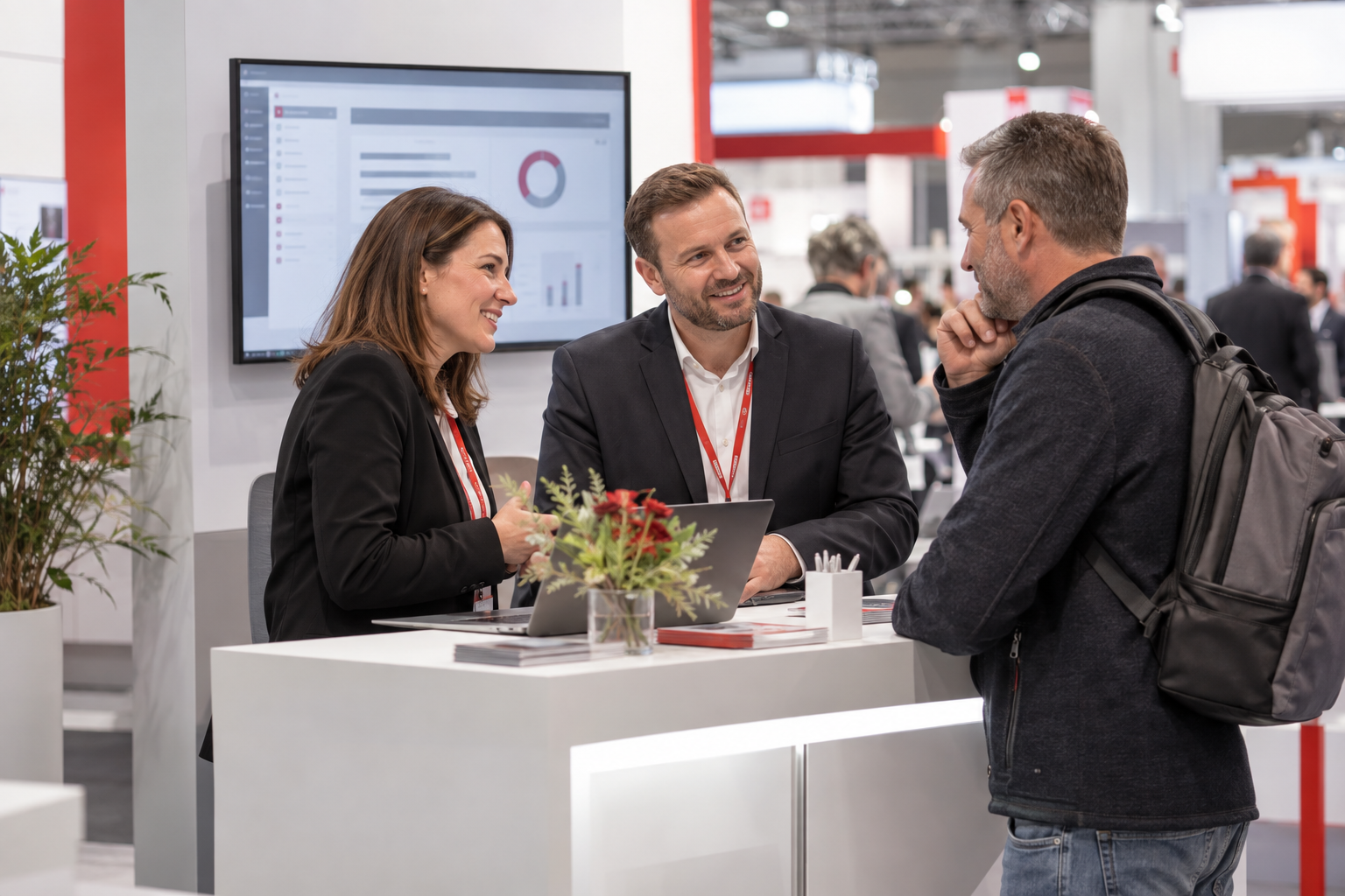 Persönliches Beratungsgespräch an einem Software-Messestand